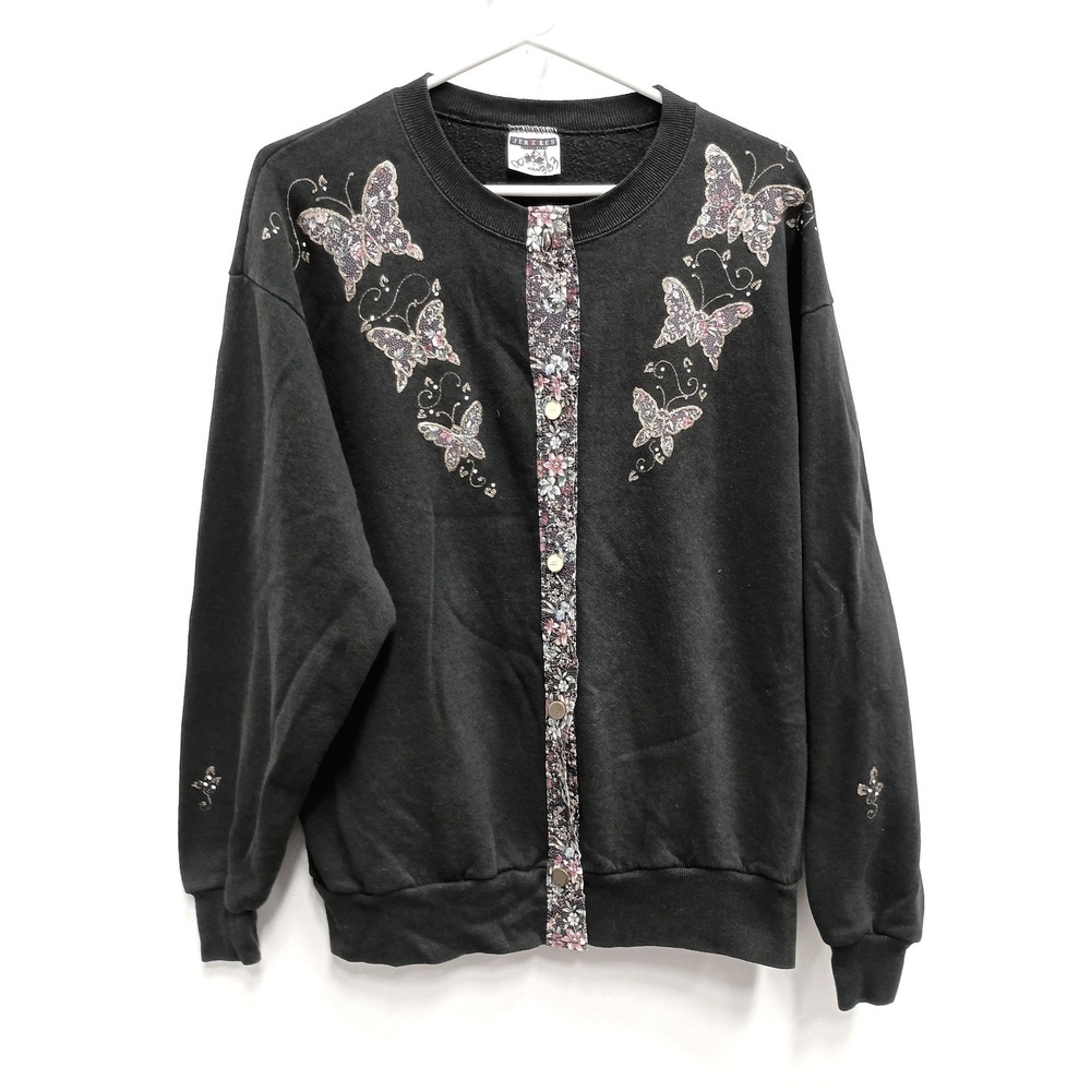 Jerzees VTG 90sb Cardigan Sweatshirt Womens Large Black Butterfly Floral Cottage